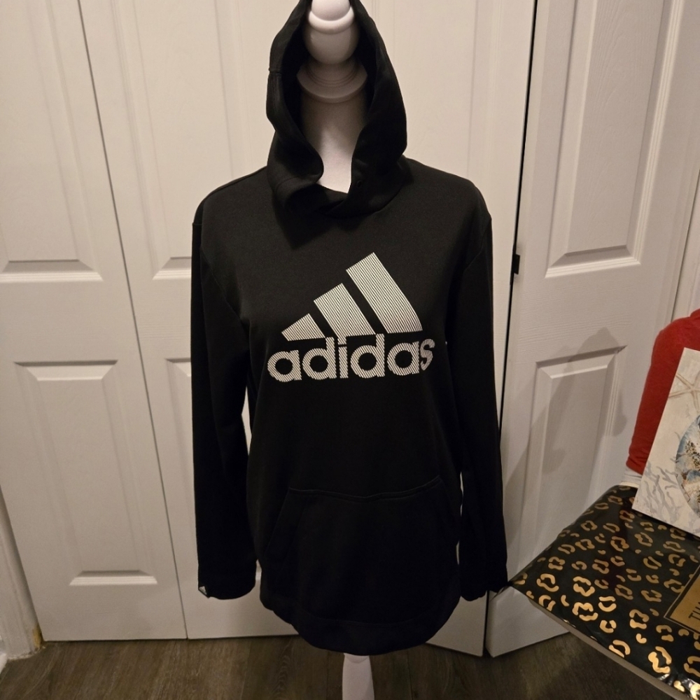 Adidas Womens Small Black Badge of Sport Fleece Pullover Hoodie Pocket - Picture 4 of 12